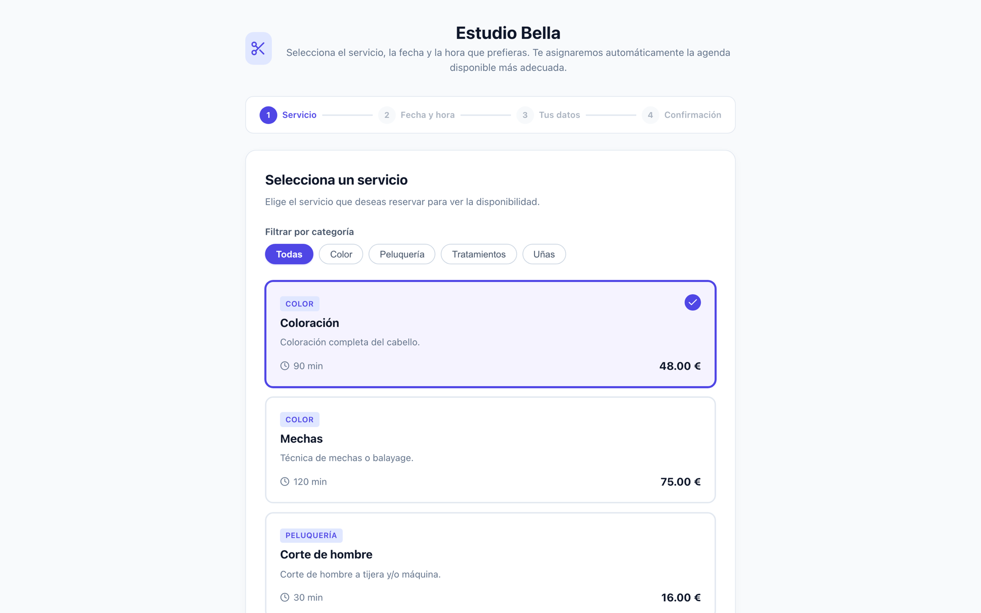 Primer paso de la reserva online de Estudio Bella donde el cliente elige el servicio con su duración y precio